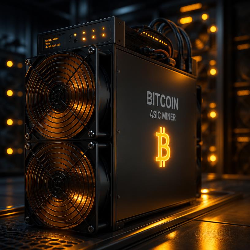 Modern Bitcoin ASIC miner with warm glowing LEDs in a darkened room